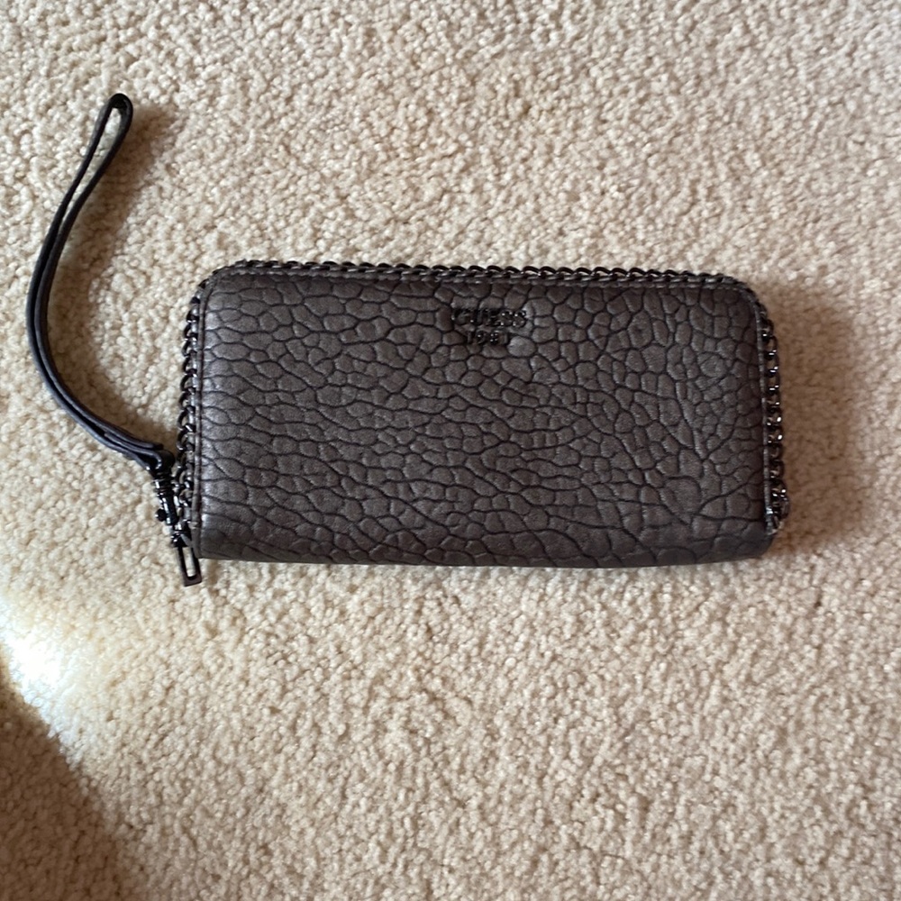 Charcoal Gray Guess Wallet/Wristlet with Gray metallic trim.